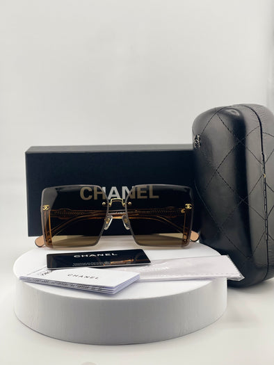 CHANEL Bold Square Shield Sunglasses – Gold Detail &amp; Brown Fade Lenses