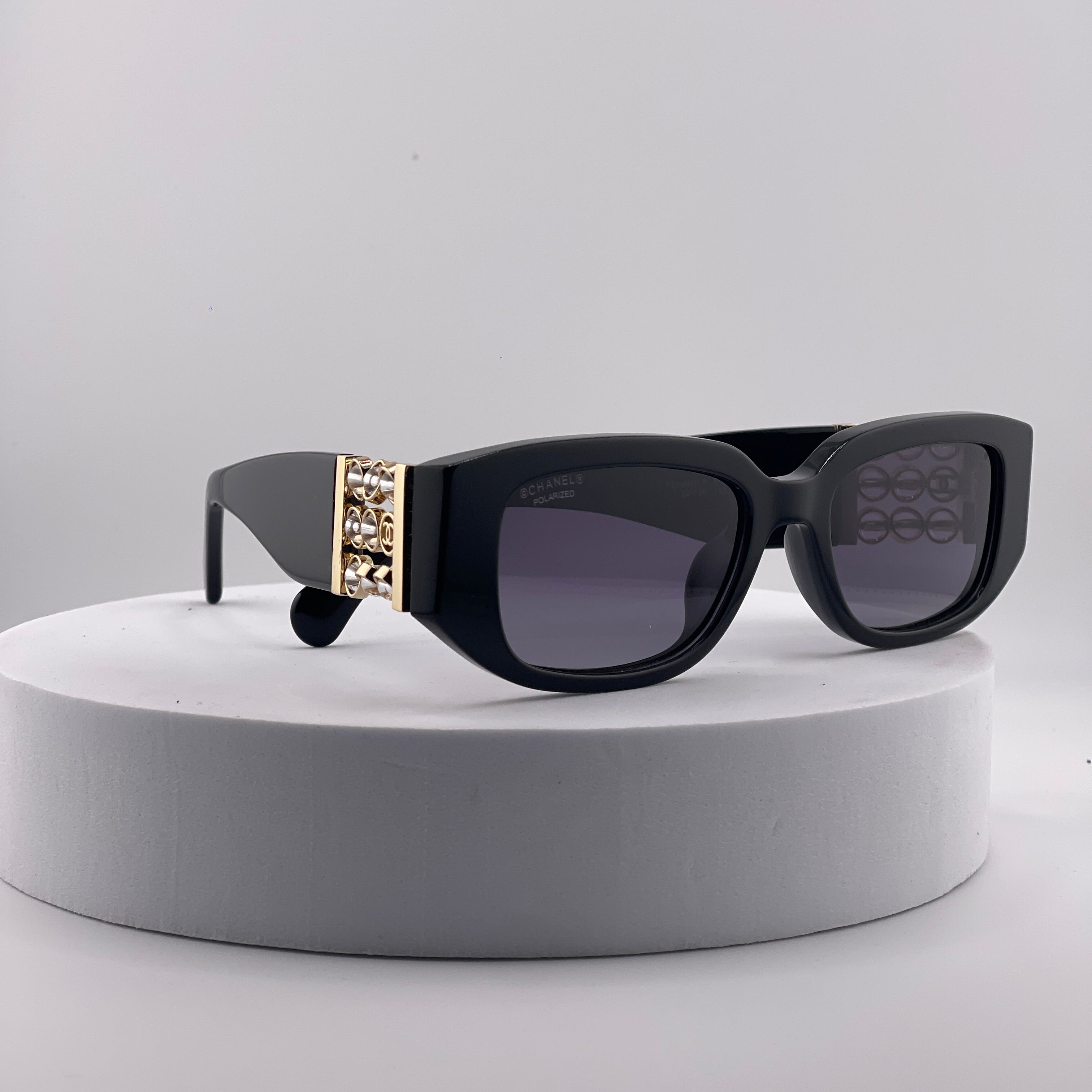 Vintage 90s Chanel Black Acetate Sunglasses with Gold CC Logo Plaque