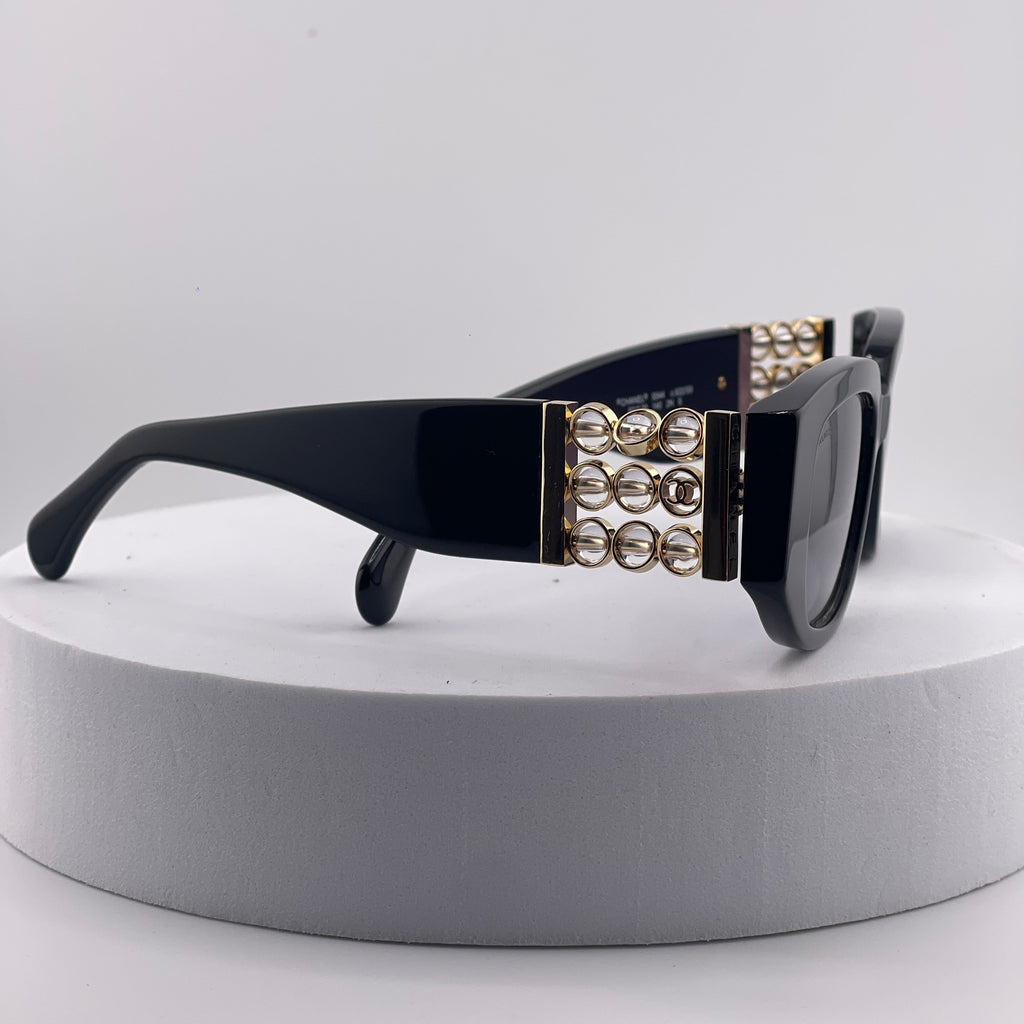 Vintage 90s Chanel Black Acetate Sunglasses with Gold CC Logo Plaque