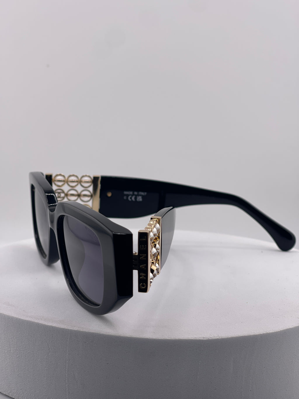 Vintage 90s Chanel Black Acetate Sunglasses with Gold CC Logo Plaque