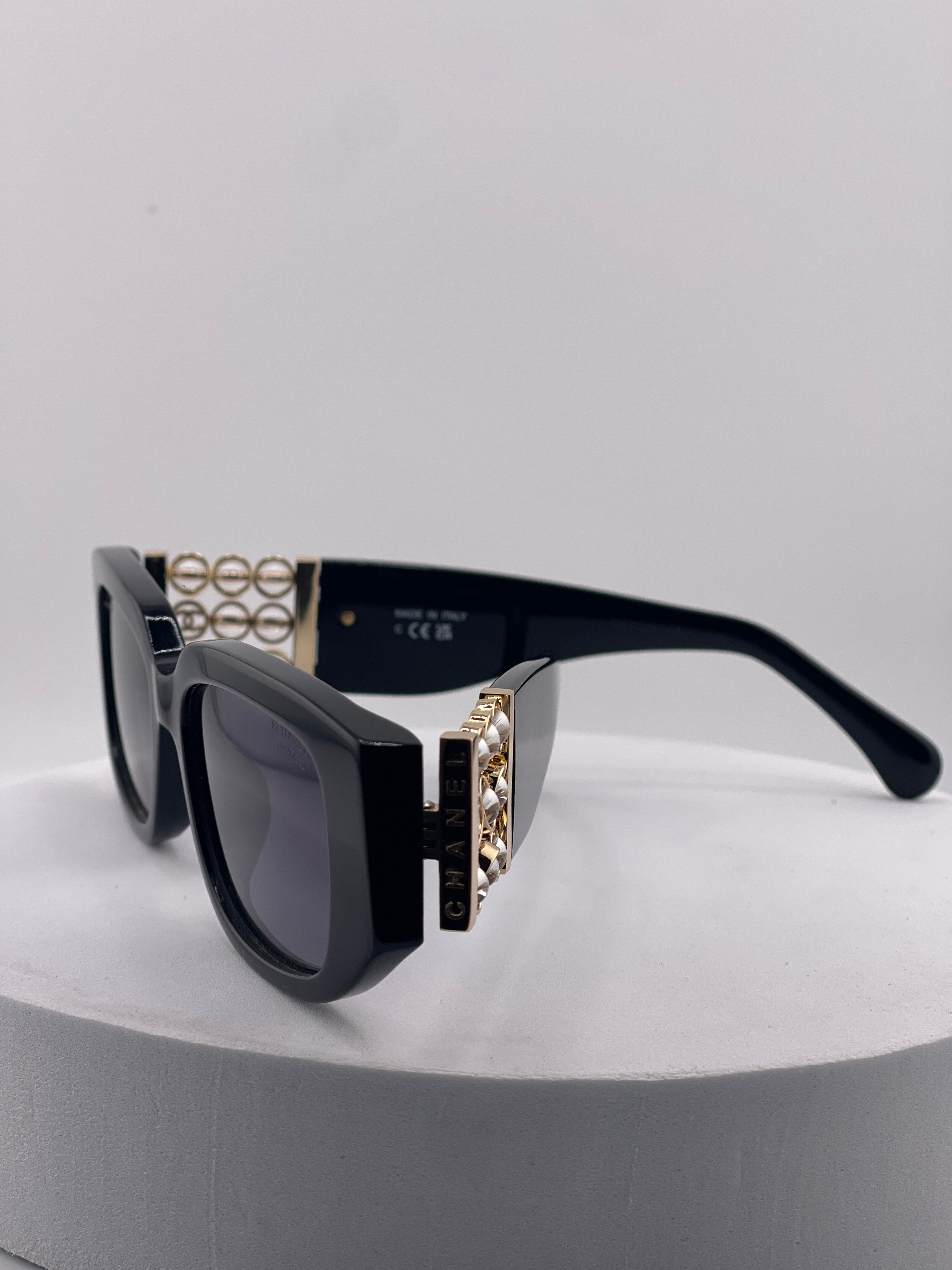 Vintage 90s Chanel Black Acetate Sunglasses with Gold CC Logo Plaque