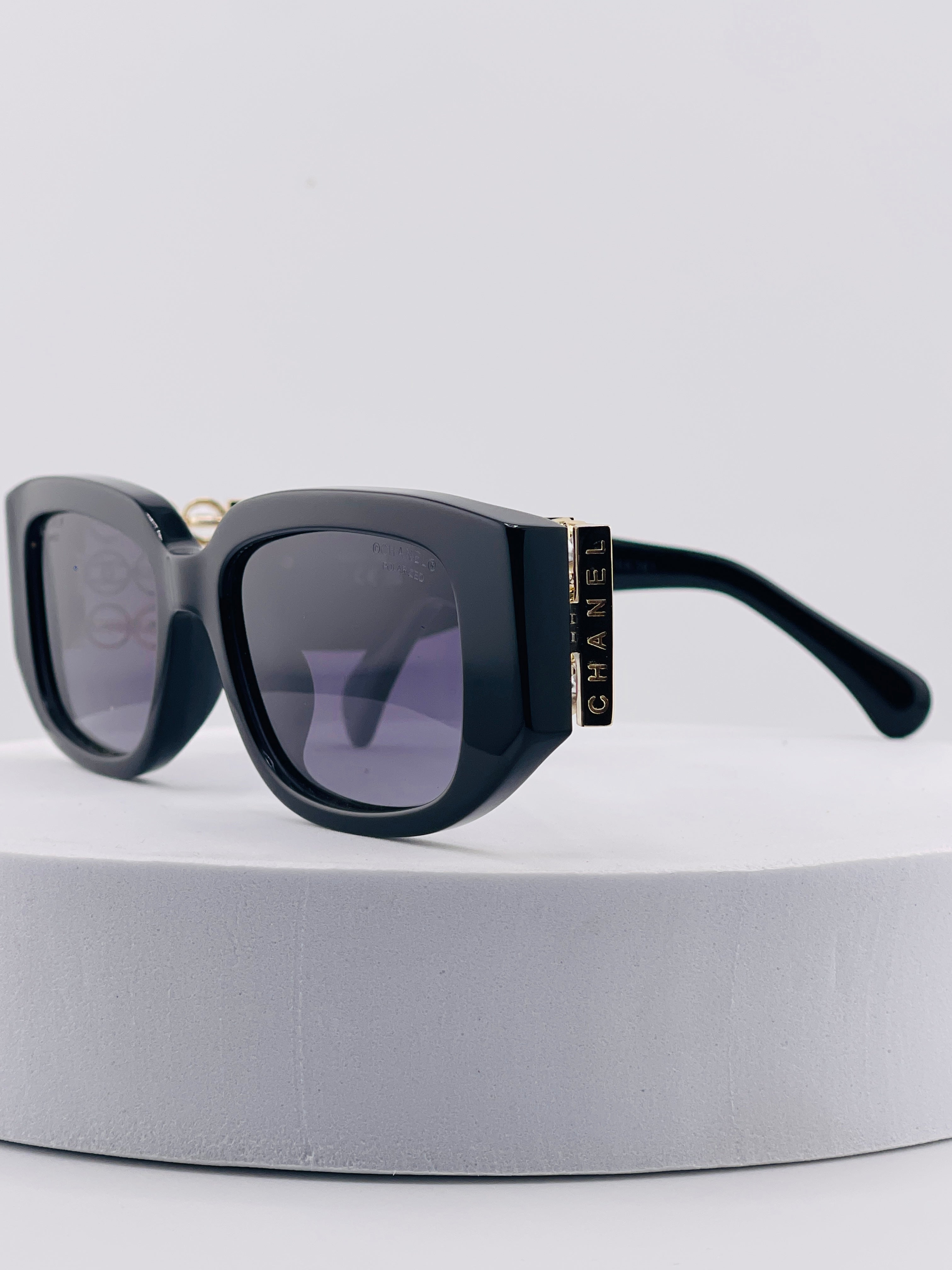 Vintage 90s Chanel Black Acetate Sunglasses with Gold CC Logo Plaque