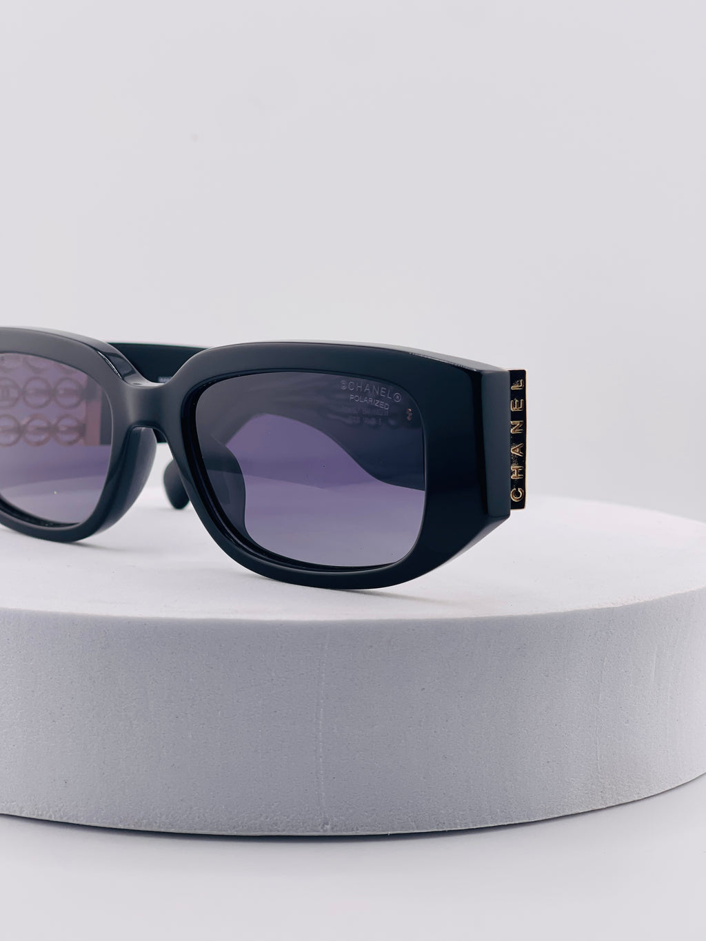 Vintage 90s Chanel Black Acetate Sunglasses with Gold CC Logo Plaque