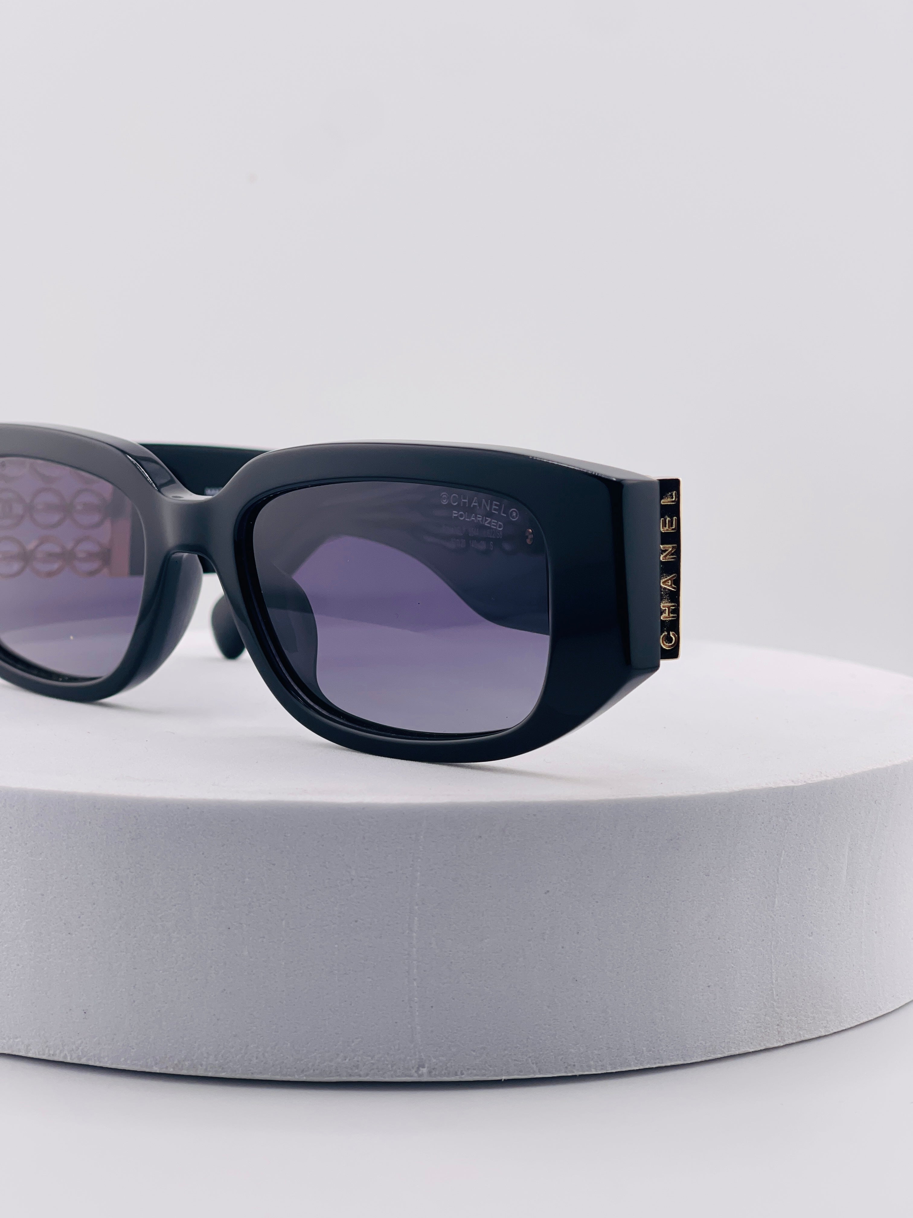 Vintage 90s Chanel Black Acetate Sunglasses with Gold CC Logo Plaque