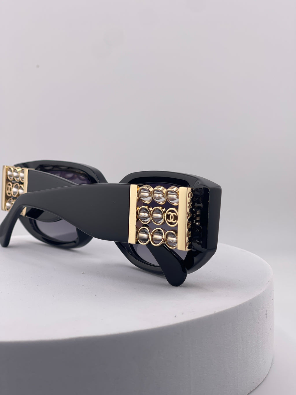 Vintage 90s Chanel Black Acetate Sunglasses with Gold CC Logo Plaque