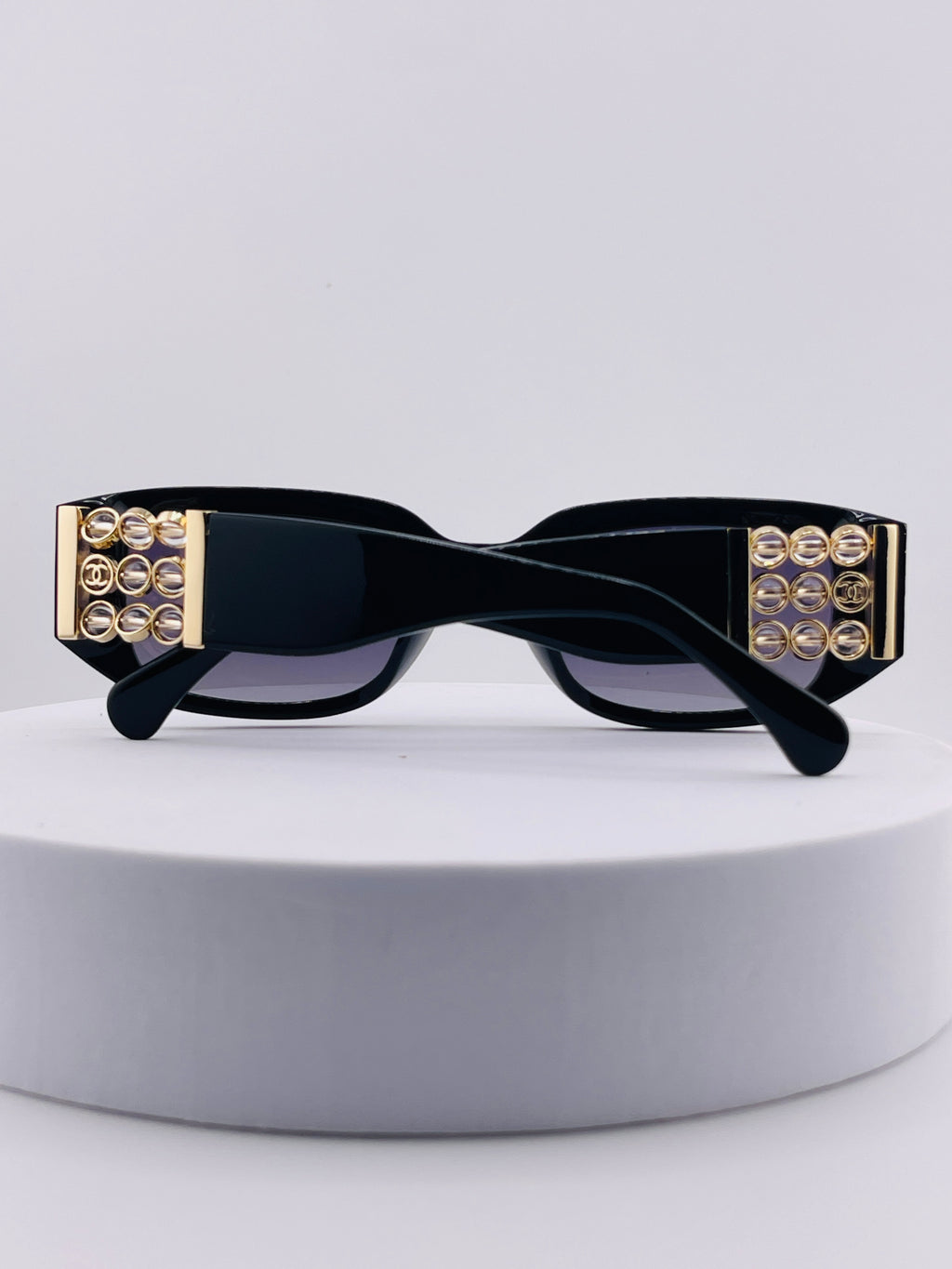 Vintage 90s Chanel Black Acetate Sunglasses with Gold CC Logo Plaque