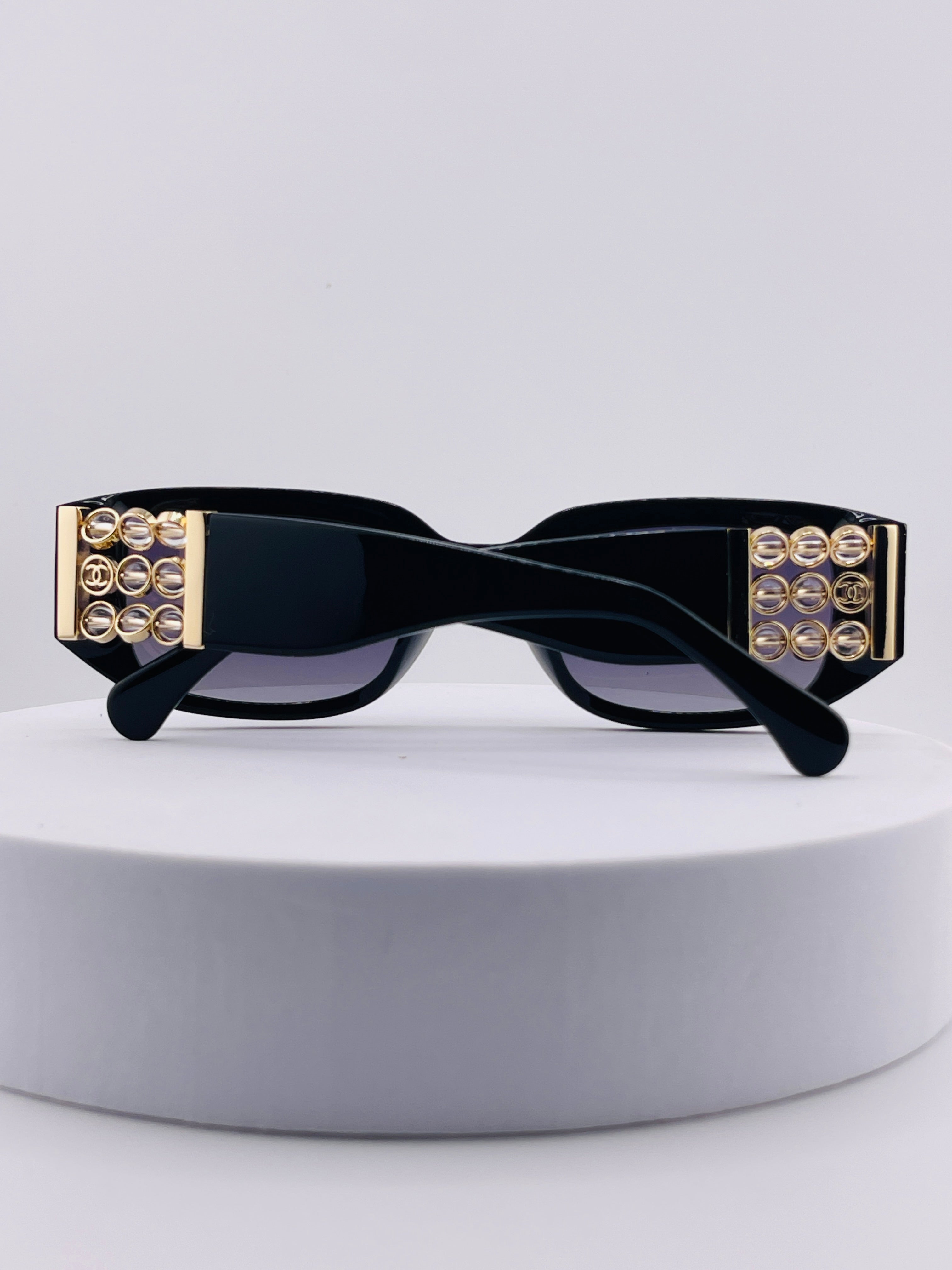 Vintage 90s Chanel Black Acetate Sunglasses with Gold CC Logo Plaque